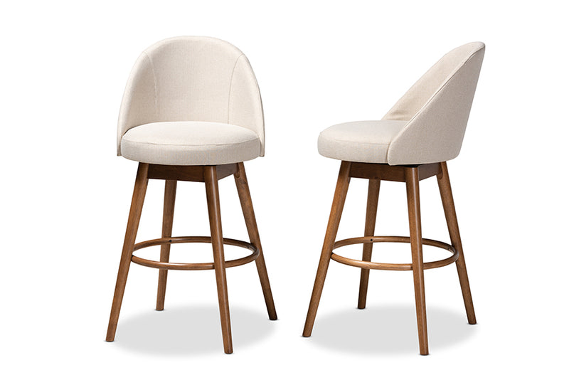 Mara Mid-Century Modern Light Beige Fabric Upholstered Walnut-Finished Wood 2-Piece Swivel Bar Stool Set