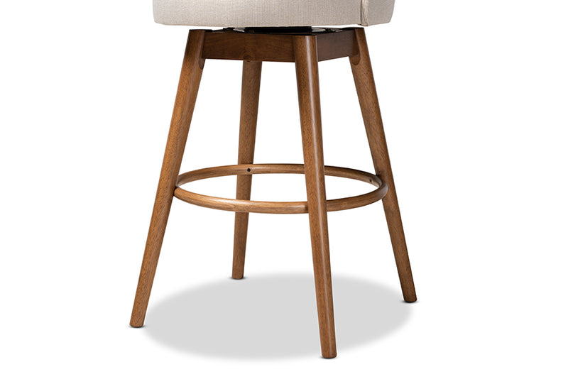 Mara Mid-Century Modern Light Beige Fabric Upholstered Walnut-Finished Wood 2-Piece Swivel Bar Stool Set