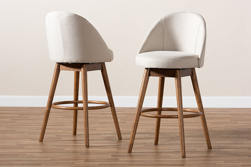 Mara Mid-Century Modern Light Beige Fabric Upholstered Walnut-Finished Wood 2-Piece Swivel Bar Stool Set