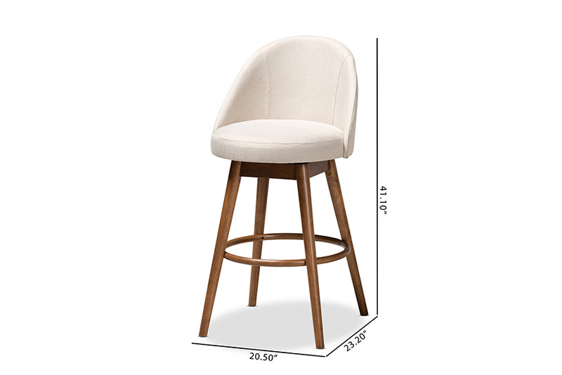 Mara Mid-Century Modern Light Beige Fabric Upholstered Walnut-Finished Wood 2-Piece Swivel Bar Stool Set