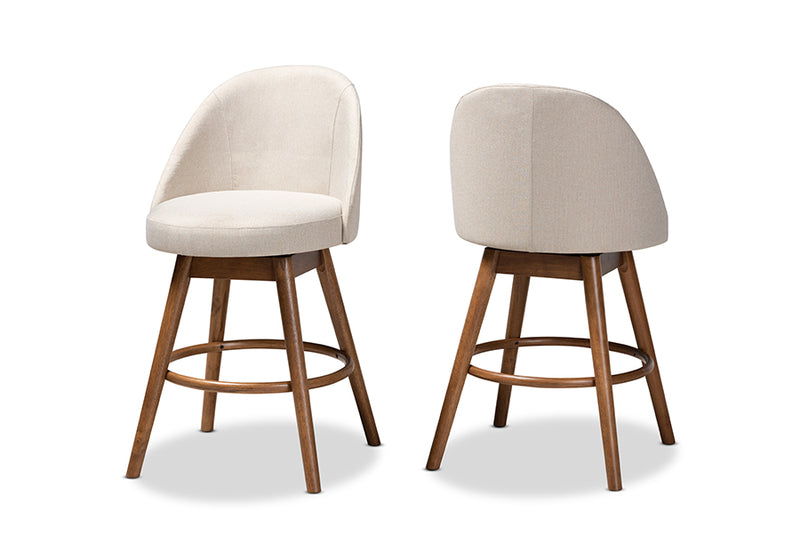 Mara Mid-Century Modern Light Beige Fabric Upholstered Walnut-Finished Wood Swivel Counter Stool Set of 2