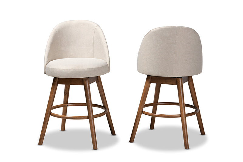 Mara Mid-Century Modern Light Beige Fabric Upholstered Walnut-Finished Wood Swivel Counter Stool Set of 2