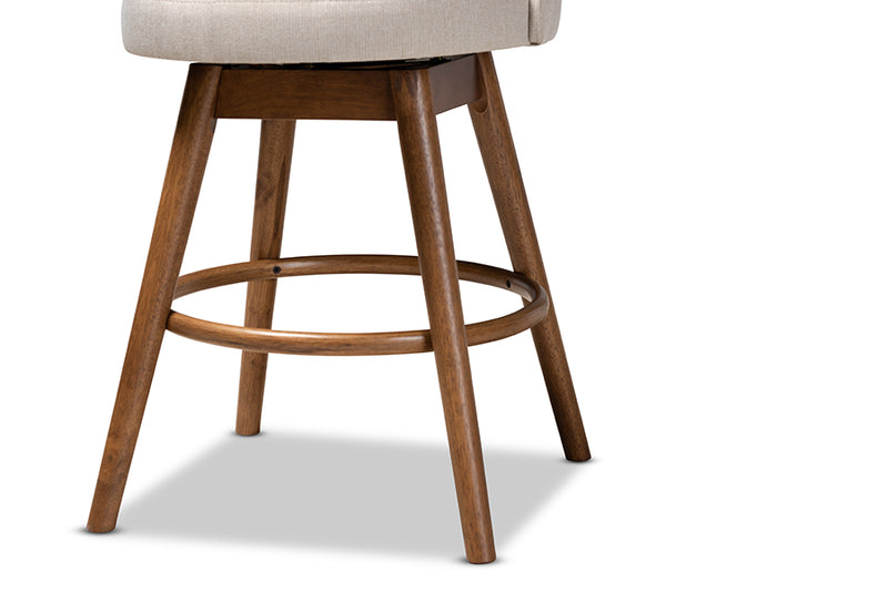 Mara Mid-Century Modern Light Beige Fabric Upholstered Walnut-Finished Wood Swivel Counter Stool Set of 2