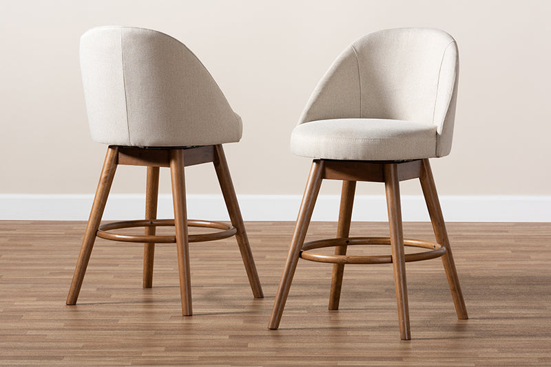 Mara Mid-Century Modern Light Beige Fabric Upholstered Walnut-Finished Wood Swivel Counter Stool Set of 2