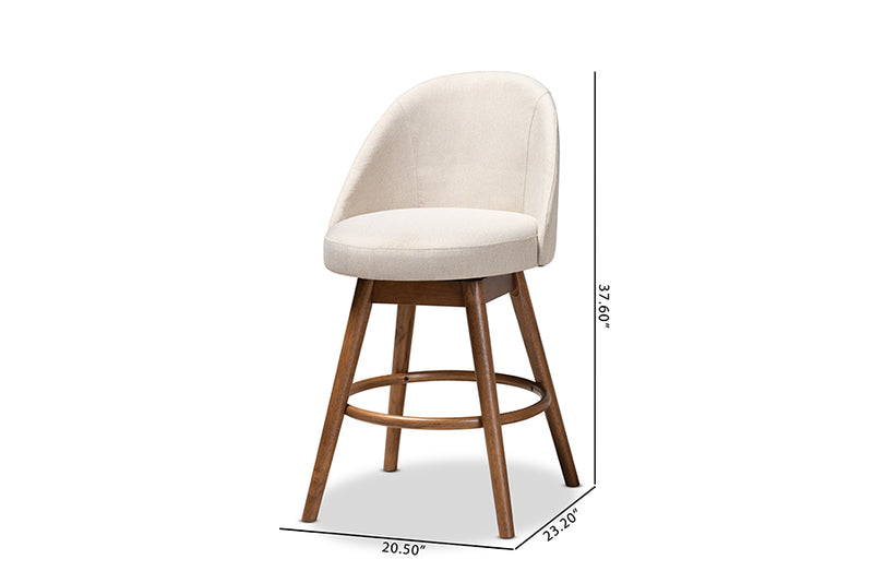 Mara Mid-Century Modern Light Beige Fabric Upholstered Walnut-Finished Wood Swivel Counter Stool Set of 2