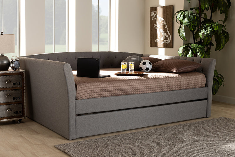 Jackson Modern and Contemporary Light Gray Fabric Upholstered Full Size Daybed w/Roll-Out Trundle Bed