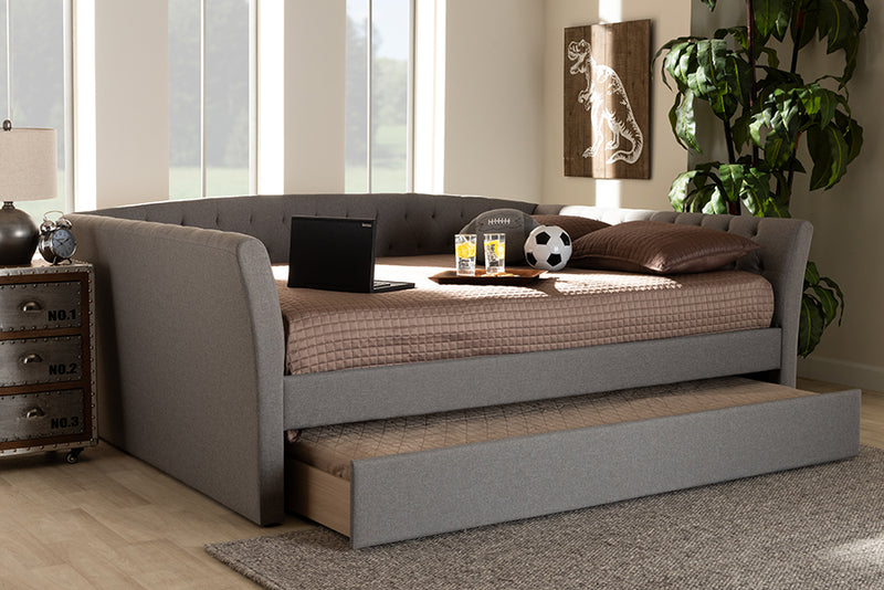 Jackson Modern and Contemporary Light Gray Fabric Upholstered Queen Size Daybed w/Roll-Out Trundle Bed