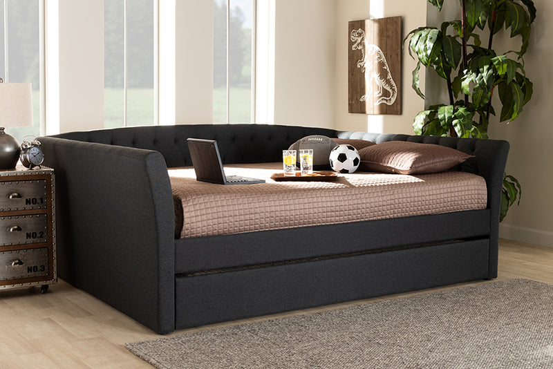 Jackson Modern and Contemporary Dark Gray Fabric Upholstered Full Size Daybed w/Roll-Out Trundle Bed