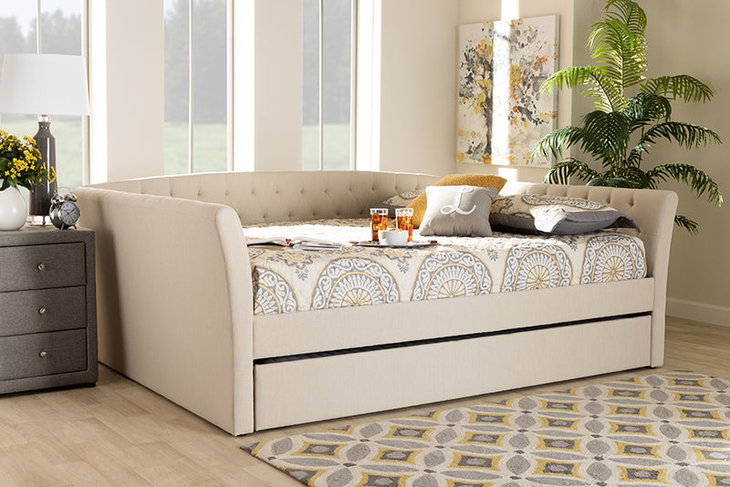 Jackson Modern and Contemporary Beige Fabric Upholstered Full Size Daybed w/Roll-Out Trundle Bed