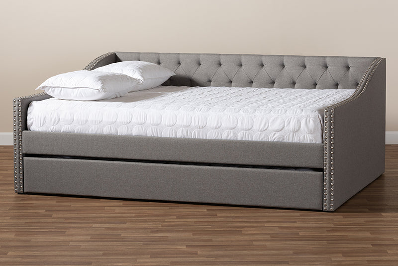 Erla Modern and Contemporary Light Gray Fabric Upholstered Queen Size Daybed w/Roll-Out Trundle Bed