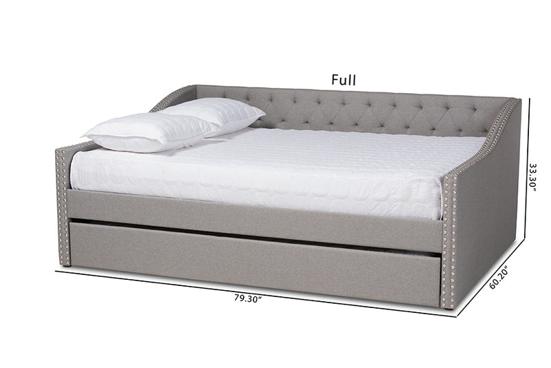 Erla Modern and Contemporary Light Gray Fabric Upholstered Full Size Daybed w/Roll-Out Trundle Bed