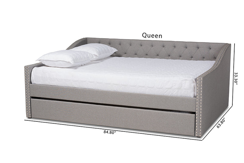 Erla Modern and Contemporary Light Gray Fabric Upholstered Queen Size Daybed w/Roll-Out Trundle Bed