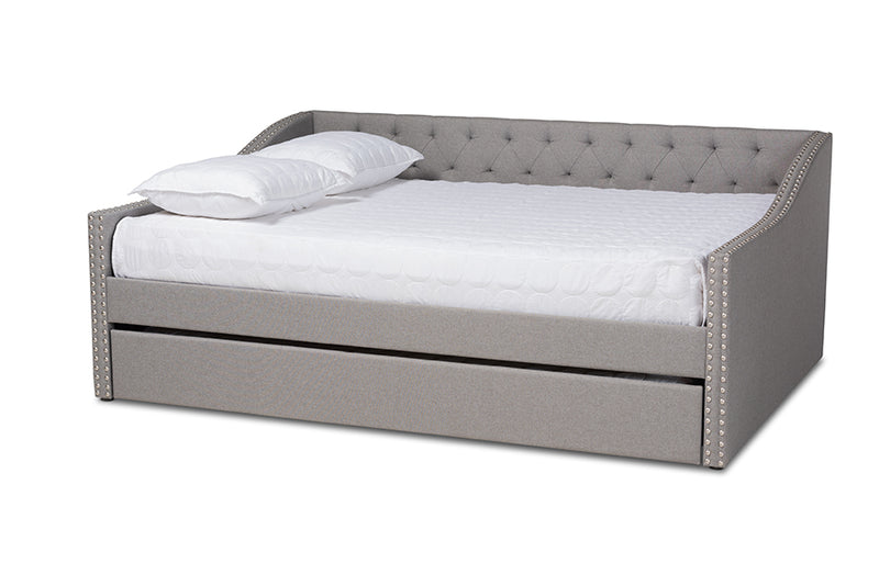 Erla Modern and Contemporary Light Gray Fabric Upholstered Queen Size Daybed w/Roll-Out Trundle Bed