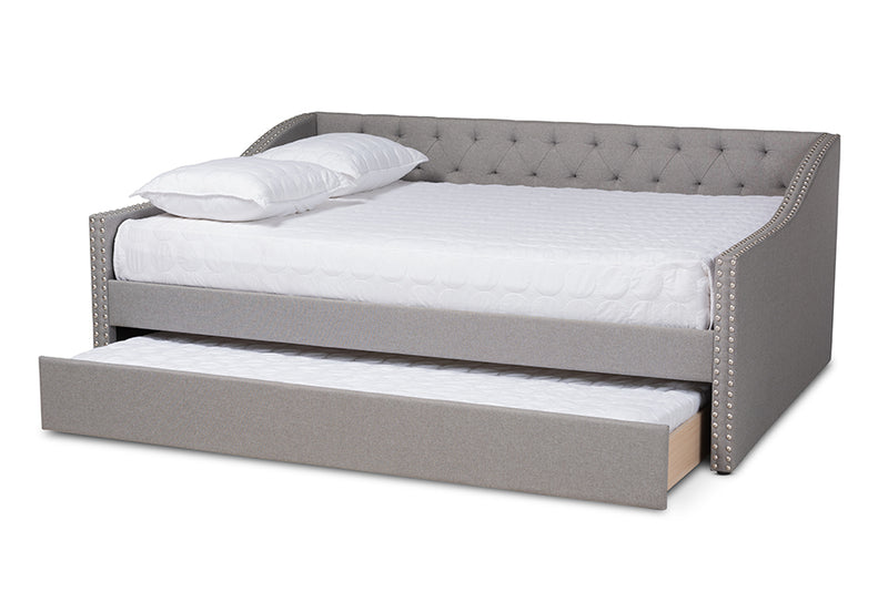 Erla Modern and Contemporary Light Gray Fabric Upholstered Full Size Daybed w/Roll-Out Trundle Bed