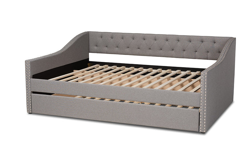 Erla Light Gray Fabric Upholstered Queen Size Daybed w/Roll-Out Trundle Bed Baxton
