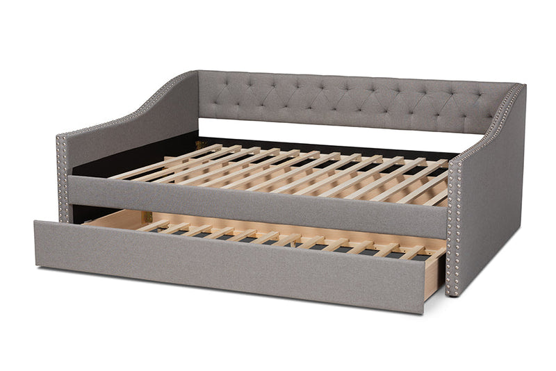 Erla Light Gray Fabric Upholstered Queen Size Daybed w/Roll-Out Trundle Bed Baxton