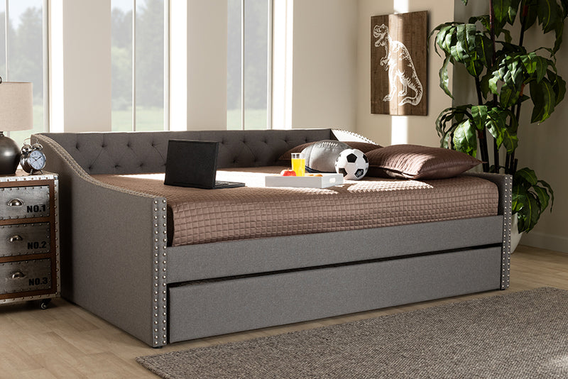 Erla Modern and Contemporary Light Gray Fabric Upholstered Full Size Daybed w/Roll-Out Trundle Bed