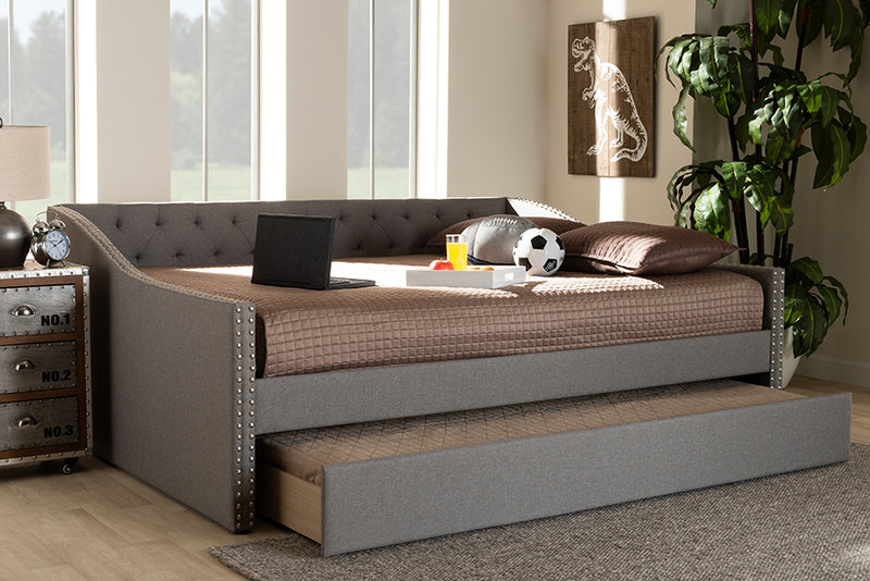 Erla Modern and Contemporary Light Gray Fabric Upholstered Full Size Daybed w/Roll-Out Trundle Bed