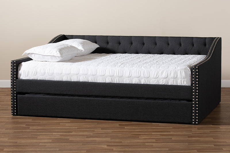 Erla Modern and Contemporary Dark Gray Fabric Upholstered Full Size Daybed w/Roll-Out Trundle Bed