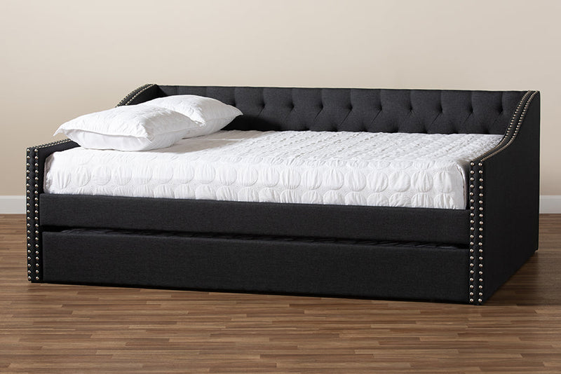 Erla Dark Gray Fabric Upholstered Queen Size Daybed w/Roll-Out Trundle Bed Baxton