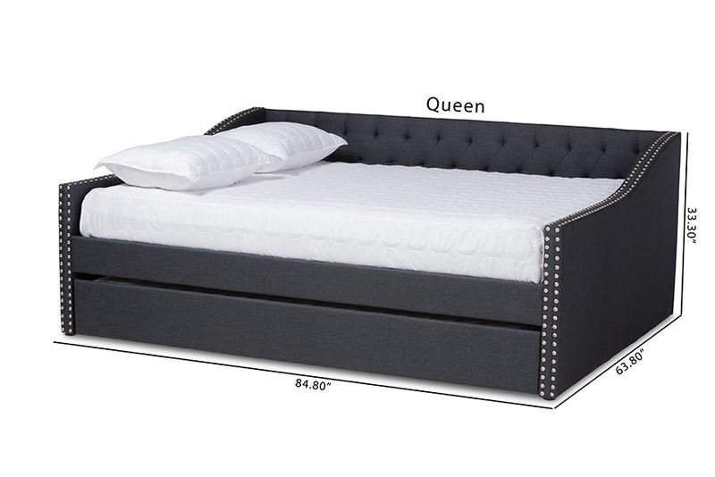 Erla Dark Gray Fabric Upholstered Queen Size Daybed w/Roll-Out Trundle Bed Baxton