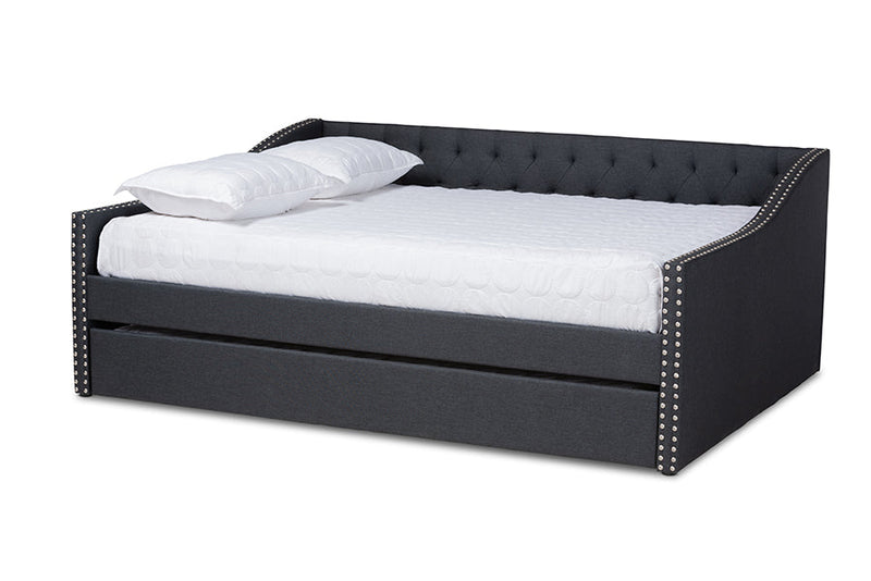 Erla Dark Gray Fabric Upholstered Queen Size Daybed w/Roll-Out Trundle Bed Baxton