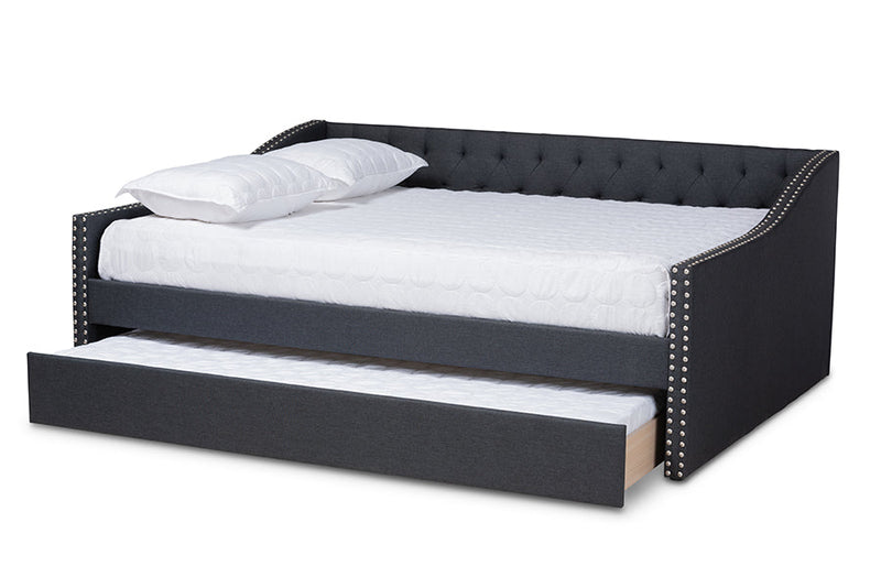 Erla Dark Gray Fabric Upholstered Queen Size Daybed w/Roll-Out Trundle Bed Baxton