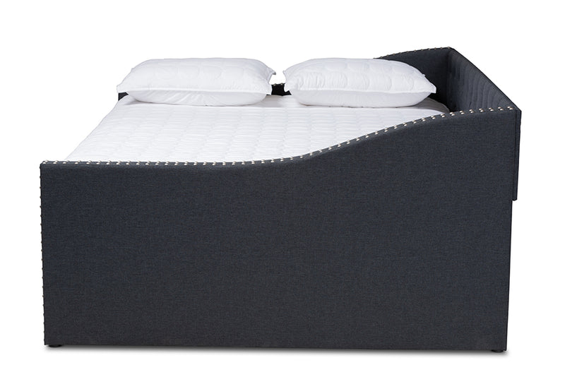 Erla Modern and Contemporary Dark Gray Fabric Upholstered Queen Size Daybed w/Roll-Out Trundle Bed