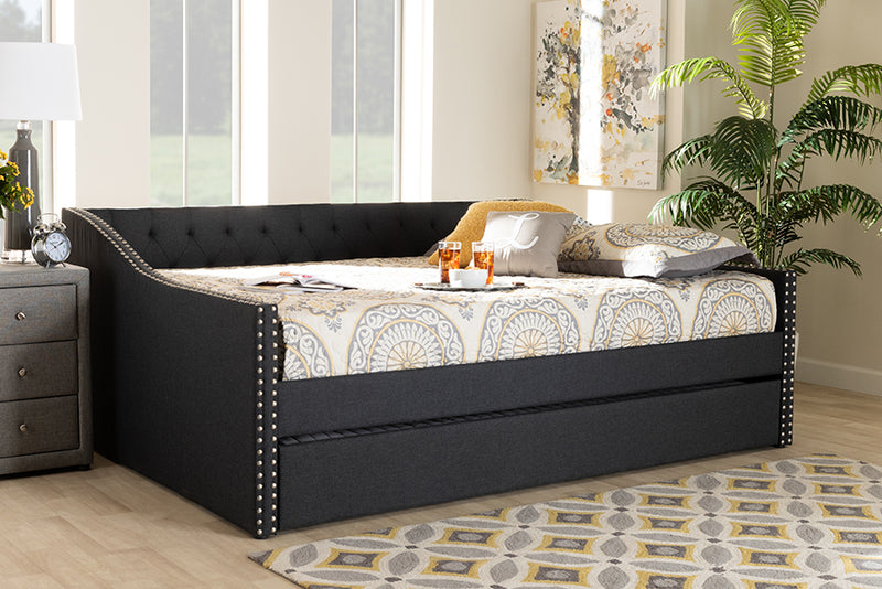 Erla Modern and Contemporary Dark Gray Fabric Upholstered Full Size Daybed w/Roll-Out Trundle Bed