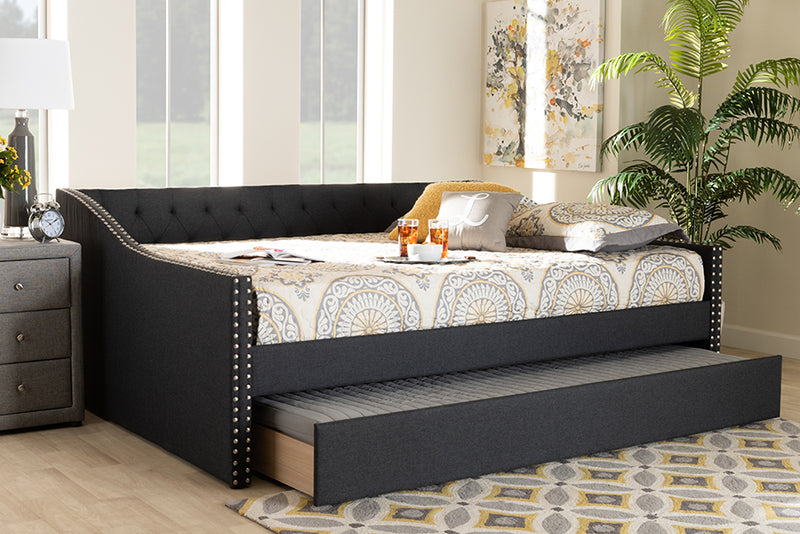 Erla Modern and Contemporary Dark Gray Fabric Upholstered Full Size Daybed w/Roll-Out Trundle Bed