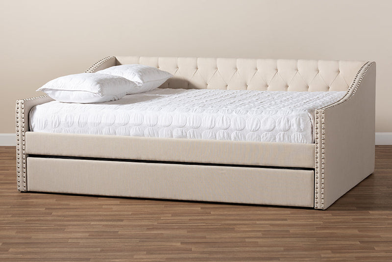 Erla Beige Fabric Upholstered Queen Size Daybed w/Roll-Out Trundle Bed Baxton