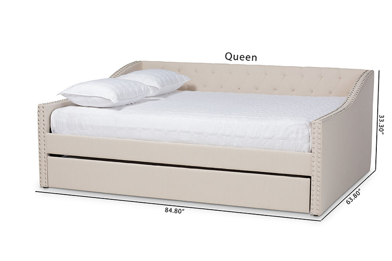 Erla Modern and Contemporary Beige Fabric Upholstered Full Size Daybed w/Roll-Out Trundle Bed