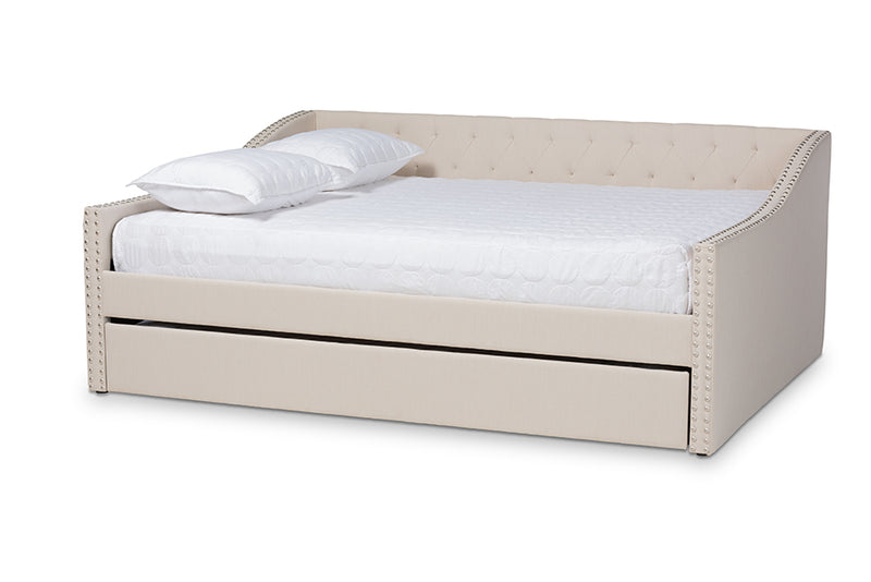 Erla Modern and Contemporary Beige Fabric Upholstered Full Size Daybed w/Roll-Out Trundle Bed