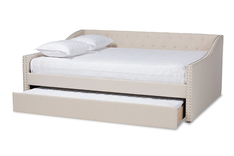 Erla Modern and Contemporary Beige Fabric Upholstered Full Size Daybed w/Roll-Out Trundle Bed