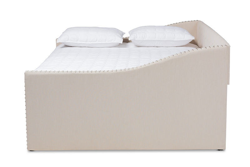 Erla Modern and Contemporary Beige Fabric Upholstered Full Size Daybed w/Roll-Out Trundle Bed