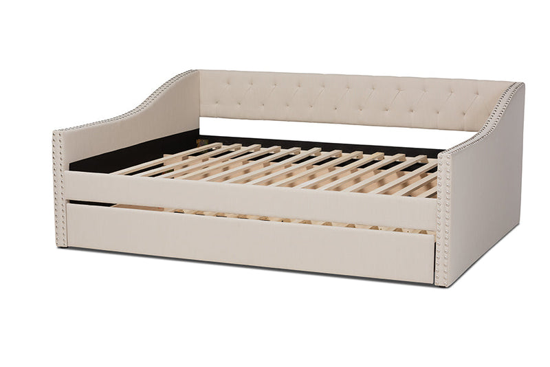 Erla Beige Fabric Upholstered Queen Size Daybed w/Roll-Out Trundle Bed Baxton