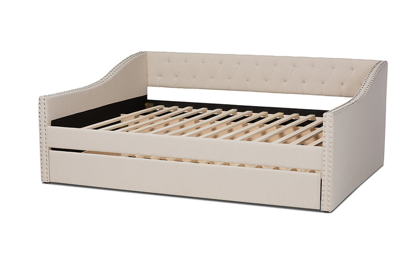 Erla Modern and Contemporary Beige Fabric Upholstered Full Size Daybed w/Roll-Out Trundle Bed