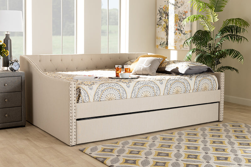 Erla Modern and Contemporary Beige Fabric Upholstered Full Size Daybed w/Roll-Out Trundle Bed