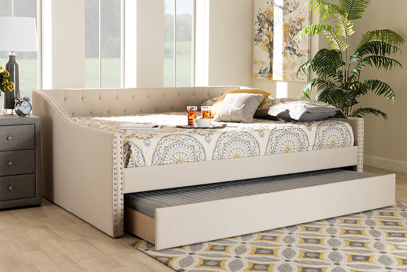 Erla Modern and Contemporary Beige Fabric Upholstered Full Size Daybed w/Roll-Out Trundle Bed