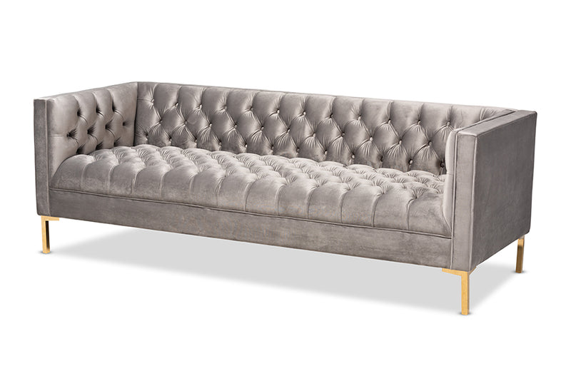 Apollonia Glam and Luxe Gray Velvet Upholstered Gold Finished Sofa