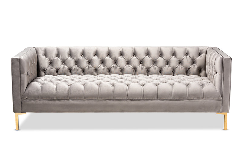 Apollonia Glam and Luxe Gray Velvet Upholstered Gold Finished Sofa