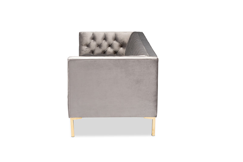 Apollonia Glam and Luxe Gray Velvet Upholstered Gold Finished Sofa