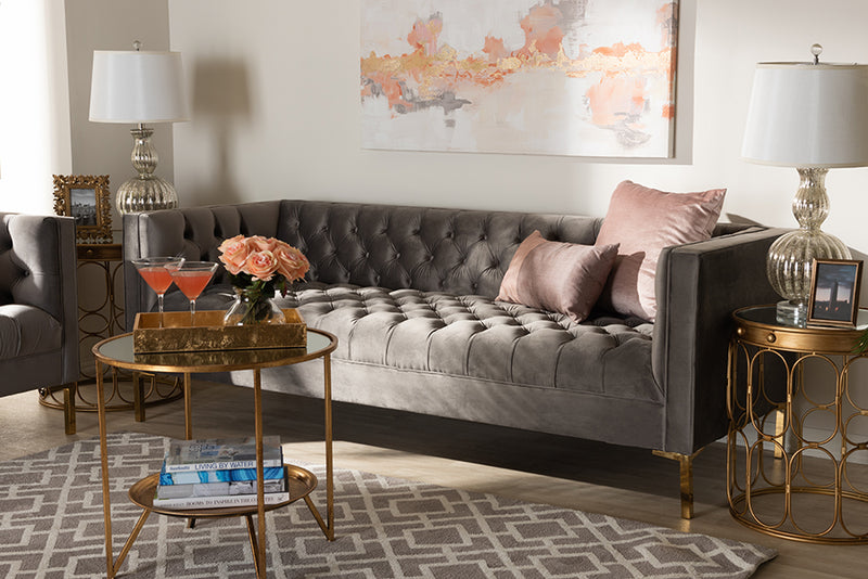 Apollonia Glam and Luxe Gray Velvet Upholstered Gold Finished Sofa