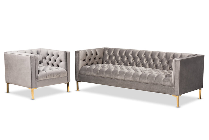 Apollonia Glam and Luxe Gray Velvet Upholstered Gold Finished 2-Piece Sofa and Lounge Chair Set