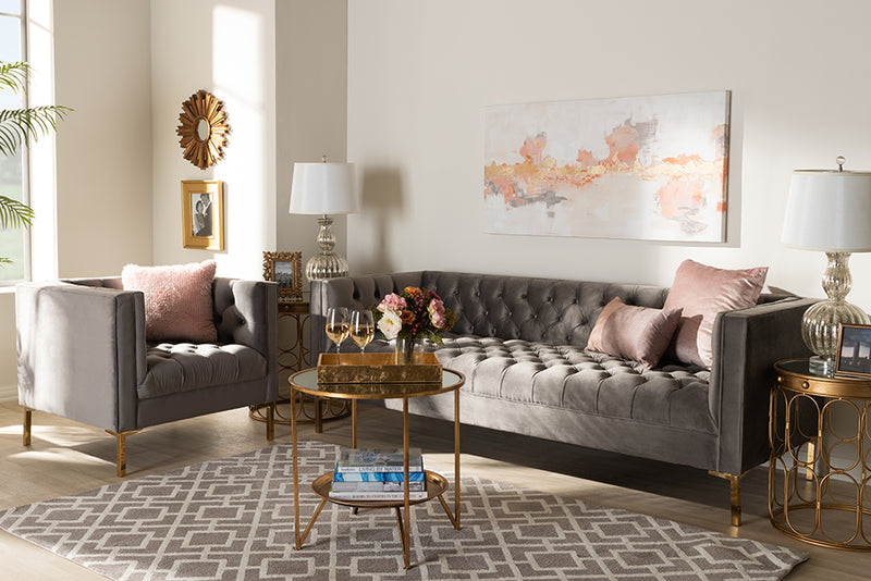 Apollonia Glam and Luxe Gray Velvet Upholstered Gold Finished 2-Piece Sofa and Lounge Chair Set