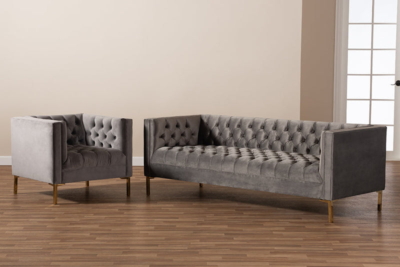 Apollonia Gray Velvet Upholstered Gold Finished 2Pc Sofa and Lounge Chair Set Baxton