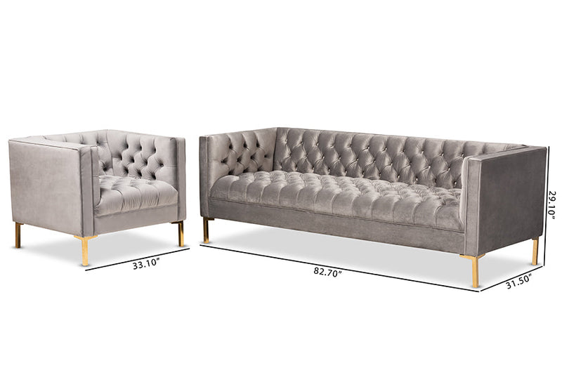 Apollonia Gray Velvet Upholstered Gold Finished 2Pc Sofa and Lounge Chair Set Baxton