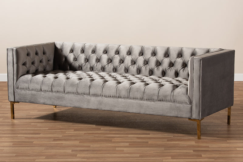 Apollonia Glam and Luxe Gray Velvet Upholstered Gold Finished Sofa