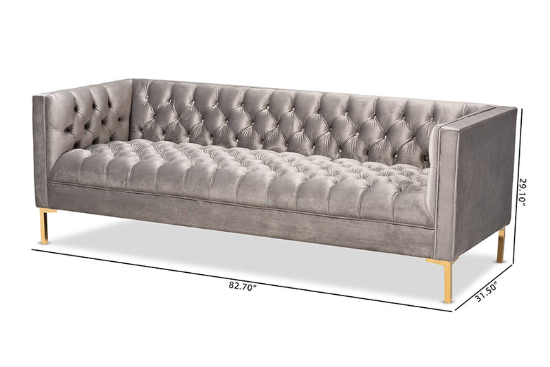 Apollonia Glam and Luxe Gray Velvet Upholstered Gold Finished Sofa