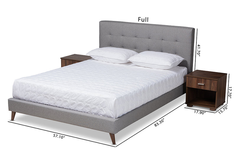 Huntley Mid-Century Modern Light Gray Fabric Upholstered Queen Size Platform Bed w/Two Nightstands